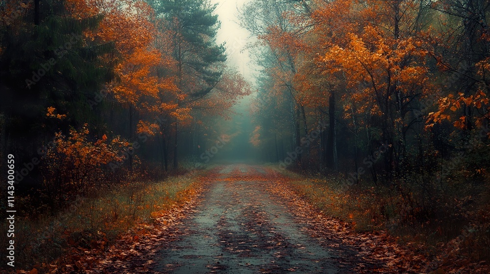 Autumnal Forest Road: A Mystical Foggy Path Autumnal Forest Road: A Mystical Foggy Path