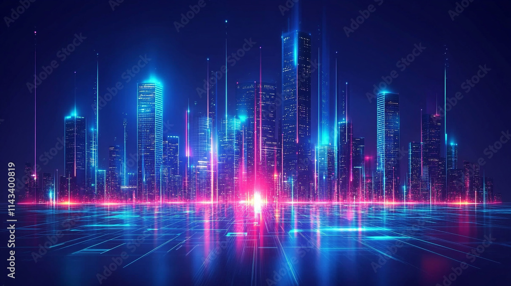 Vibrant Futuristic City Skyline at Night with shiny and glowing neon lights, abstract ultra modern light effect of cityscape featuring sleek modern architecture illuminated by vibrant neon lights. Vibrant Futuristic City Skyline at Night with shiny and glowing neon lights, abstract ultra modern light effect of cityscape featuring sleek modern architecture illuminated by vibrant neon lights.