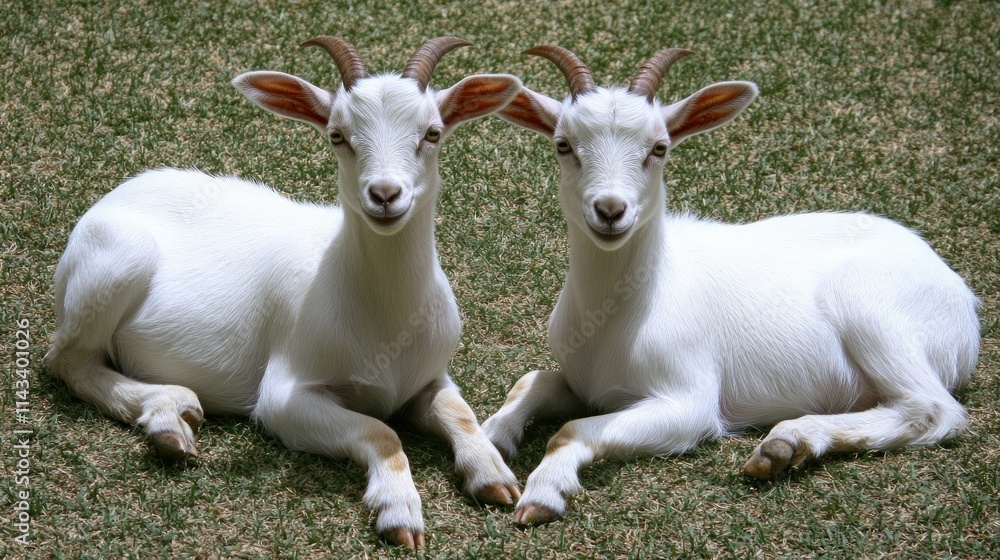 Two adorable white goats lying on grass. Two adorable white goats lying on grass.