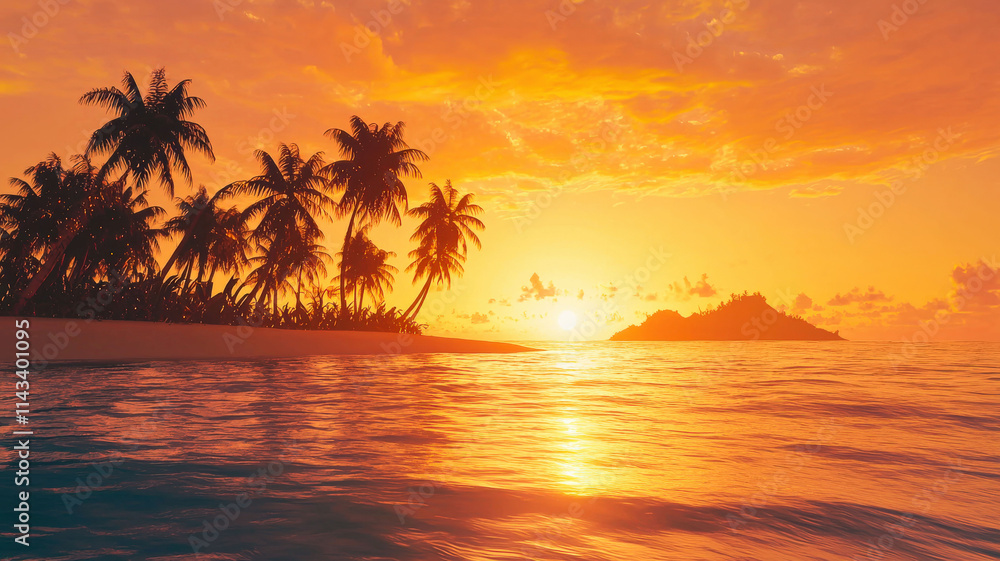 A vibrant illustration of a tropical island at sunset, featuring a glowing orange sky, silhouettes of palm trees, and gentle waves sparkling on the water, evoking a peaceful paradise. A vibrant illustration of a tropical island at sunset, featuring a glowing orange sky, silhouettes of palm trees, and gentle waves sparkling on the water, evoking a peaceful paradise.
