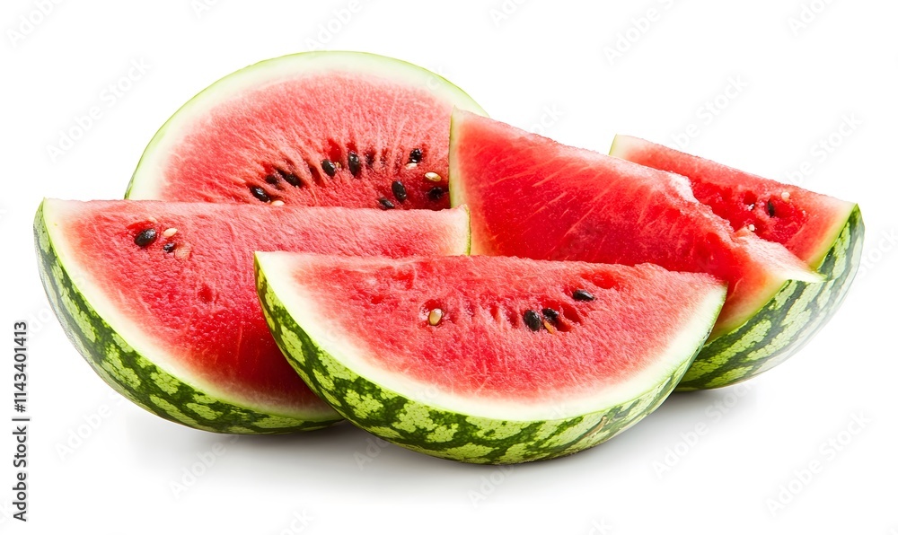 Slices of ripe, red watermelon with seeds on white background. Slices of ripe, red watermelon with seeds on white background.