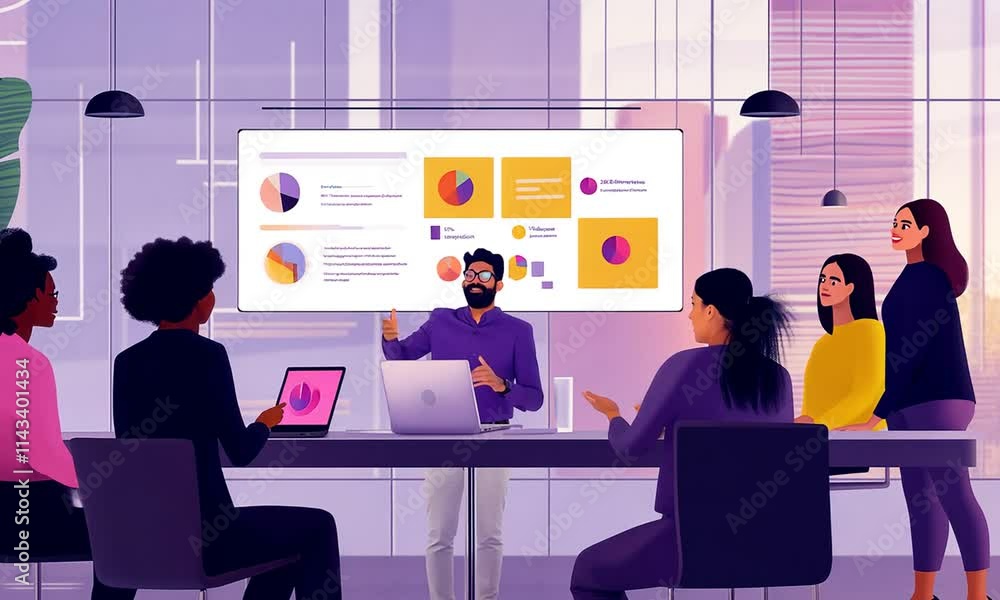 Diverse team collaborates, reviewing data on a large screen in a modern office. Diverse team collaborates, reviewing data on a large screen in a modern office.
