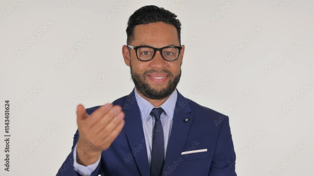 Portrait of Young Hispanic Businessman inviting People on White Background Portrait of Young Hispanic Businessman inviting People on White Background