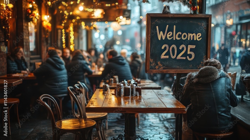 Cozy restaurant welcomes 2025; patrons seated at rustic tables, festive lights. Cozy restaurant welcomes 2025; patrons seated at rustic tables, festive lights.