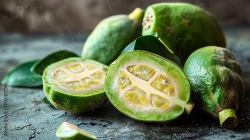 Fresh Green Spondias Purpurea Jocote Fruits and Leaves: A Close-Up photo