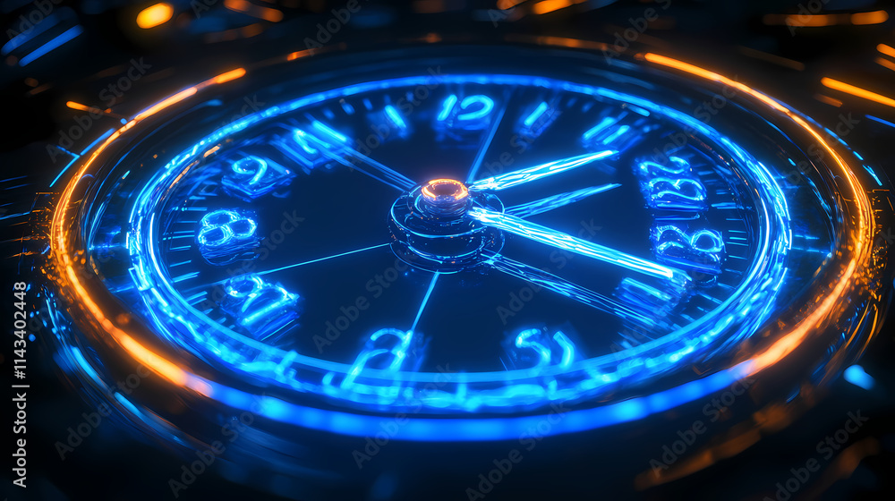 Neon blue clock: time, precision, and the passage of moments. Chronos. Illustration Neon blue clock: time, precision, and the passage of moments. Chronos. Illustration