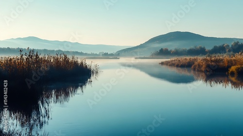 Misty Morning River Landscape. Tranquil Nature Scene.