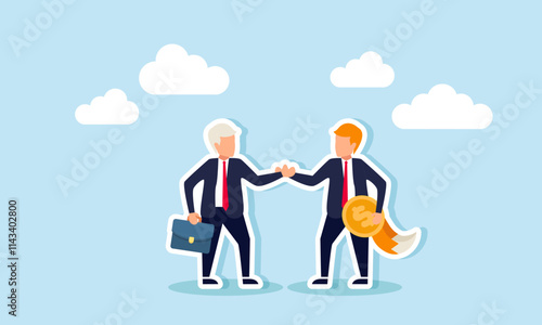 An elderly businessman shakes hands with a fox-tailed business partner carrying a dollar coin, illustration of an agreement with a cunning partner in financial management