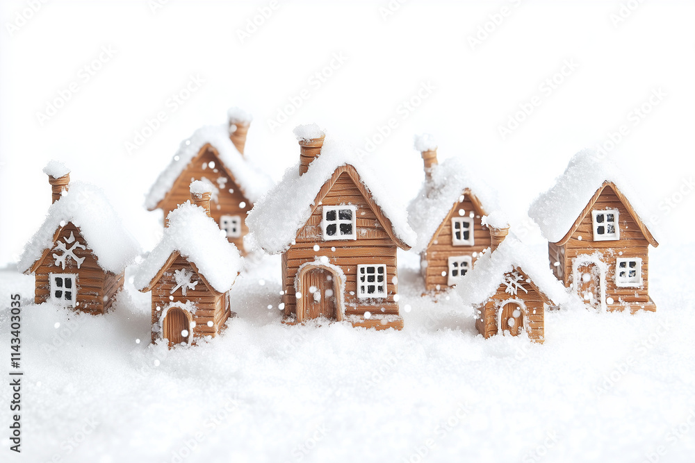 Naklejka premium Miniature snow house isolated on white background, Close up shot snow house with snow cover on the roof, Snow village with inches of snow.