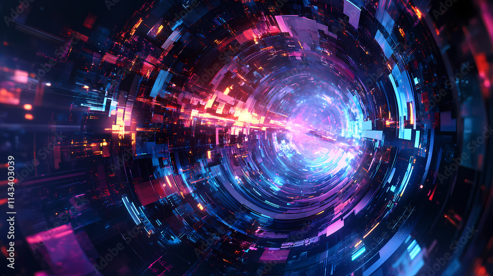 Technological impact illustrated with digital disruption, breaking through barriers, vibrant colors, futuristic design, copy space. Chronos. Illustration