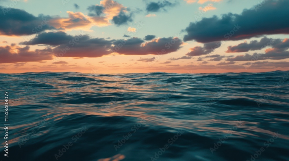 Fototapeta premium Serene Ocean Waves Under Colorful Sunset Sky with Soft Clouds