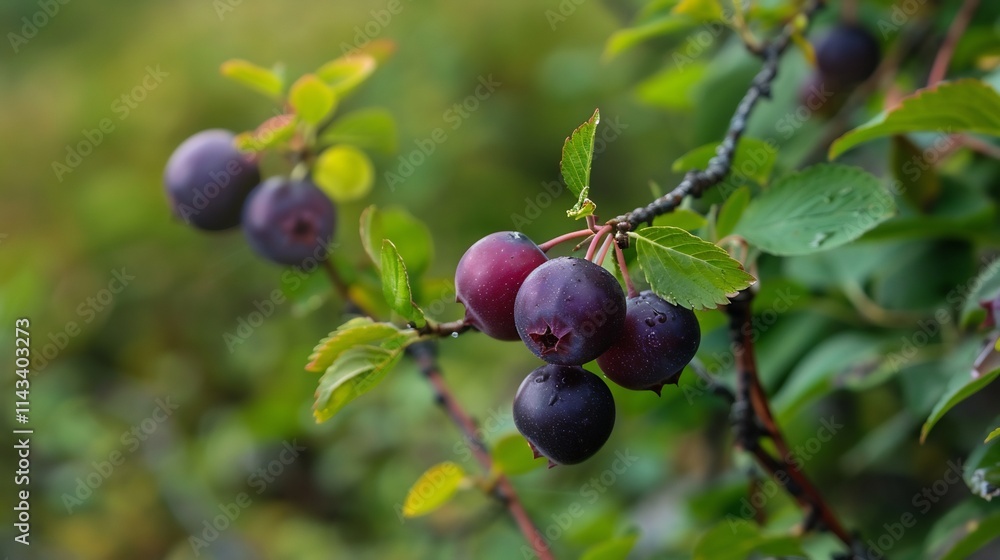 Obraz premium Ripe Saskatoon Berries on a Branch: A Close-Up of Nature's Bounty