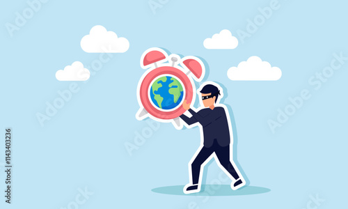 A thief walks carrying an alarm clock labeled with a globe, illustration of fraud manipulating global business project time schedules