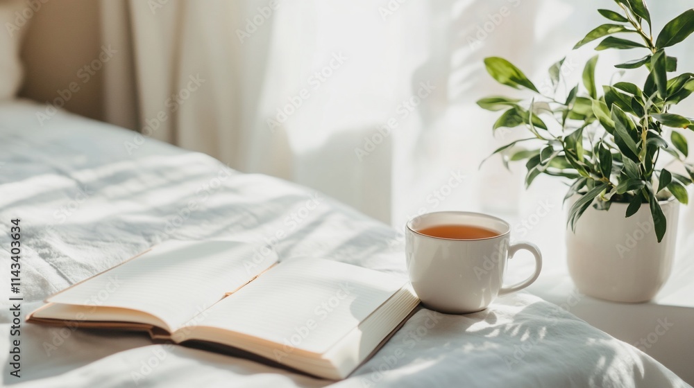 A cozy scene with an open book, tea, and a plant by a window. A cozy scene with an open book, tea, and a plant by a window.