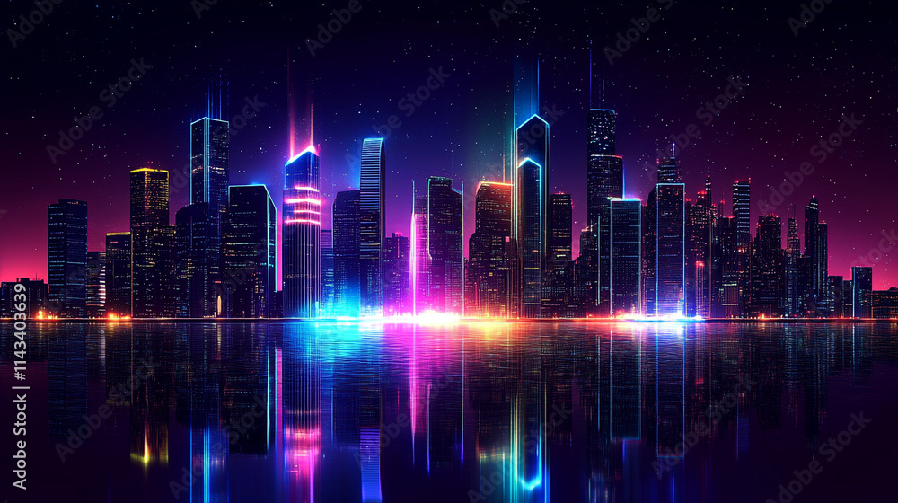Vibrant Futuristic City Skyline at Night with shiny and glowing neon lights, abstract ultra modern light effect of cityscape featuring sleek modern architecture illuminated by vibrant neon lights. Vibrant Futuristic City Skyline at Night with shiny and glowing neon lights, abstract ultra modern light effect of cityscape featuring sleek modern architecture illuminated by vibrant neon lights.