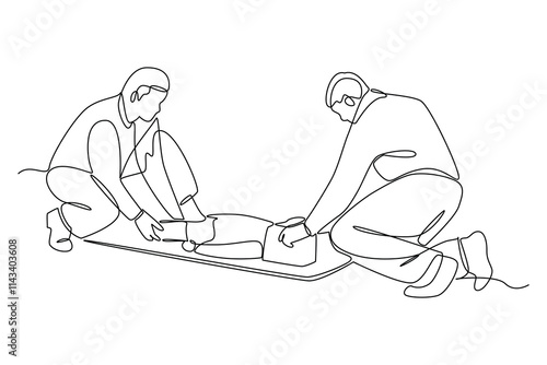 Simple continuous line draw of emergency response team attribute, emergency condition, emergency activity. Medical and Healthcare minimalist concept.