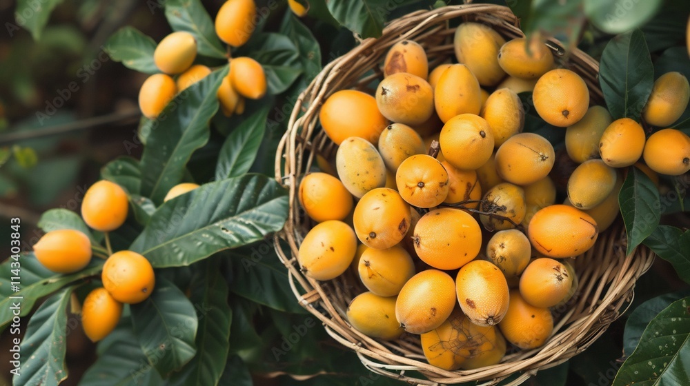 Freshly picked loquats in a wicker basket, nestled among the vibrant green leaves of the tree. A bountiful harvest scene. Freshly picked loquats in a wicker basket, nestled among the vibrant green leaves of the tree. A bountiful harvest scene.