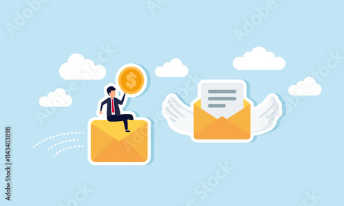 A businessman rides a thrown envelope carrying a dollar coin, chasing a flying envelope with wings, illustration of pursuing profitable new business contract targets