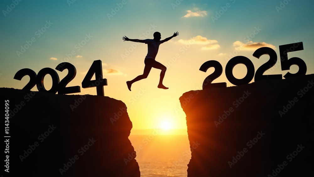 Embracing New Beginnings A Figure Leaping from 2024 into 2025 Against a Stunning Sunset Embracing New Beginnings A Figure Leaping from 2024 into 2025 Against a Stunning Sunset