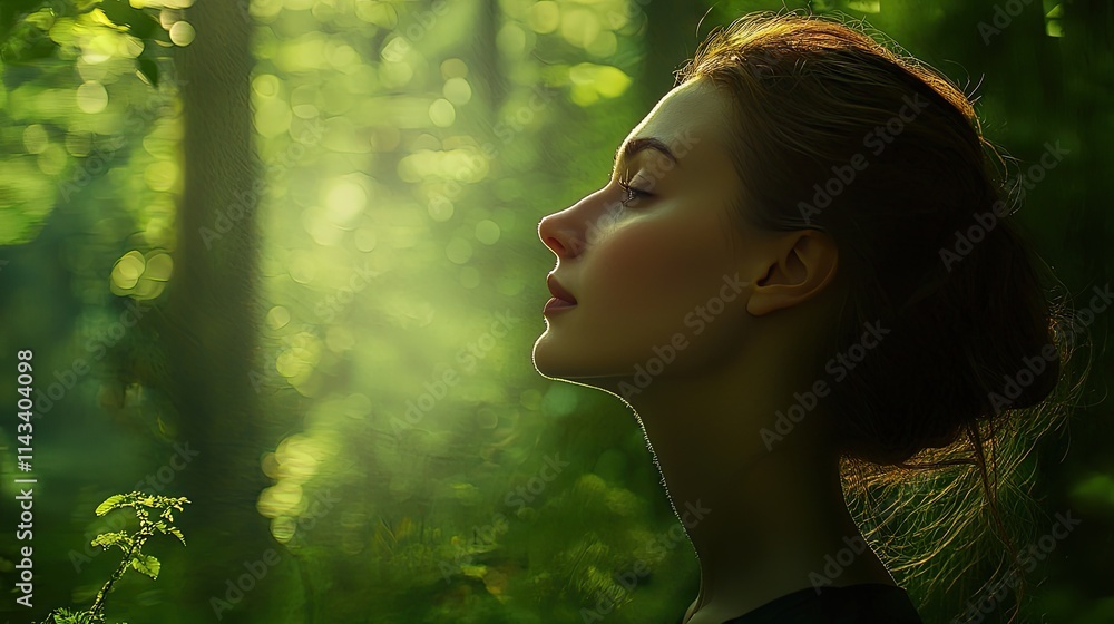 The serene profile of a woman is layered with a brilliant forest scene, blending earthy greens and soft light to evoke a sense of tranquility and connection with nature. The serene profile of a woman is layered with a brilliant forest scene, blending earthy greens and soft light to evoke a sense of tranquility and connection with nature.