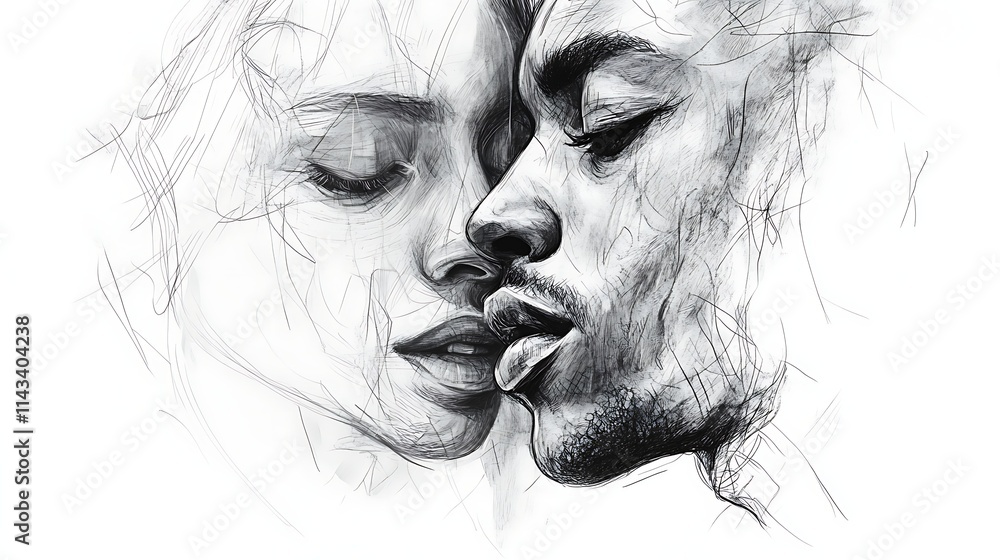 Fototapeta premium Close-up sketch of a romantic couple's faces almost touching.