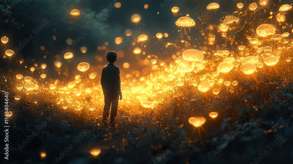 Child in a Dreamlike Glowing Jellyfish Field Child in a Dreamlike Glowing Jellyfish Field