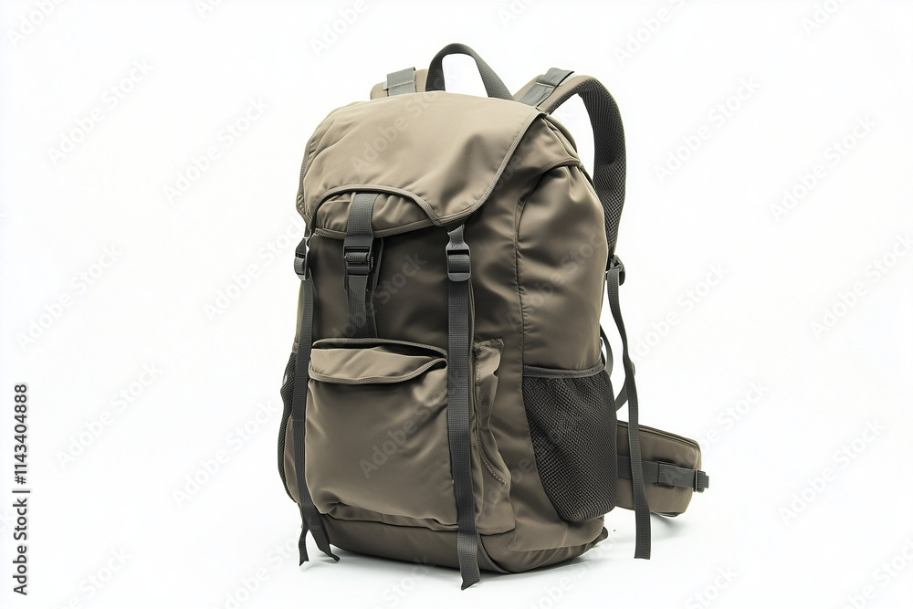 Naklejka premium Selective focus big backpack for travel isolated on white background, Backpack for backpacker on white, Exploring backpack for outdoor activity.