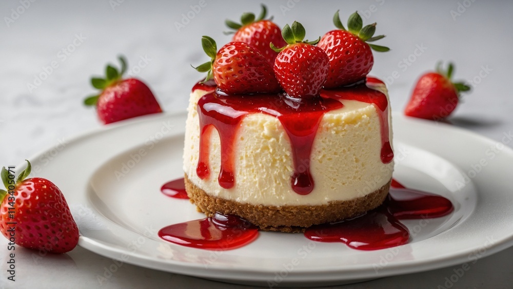 Round cheesecake with strawberry syrup and fresh strawberries topping on a white plate with a simple background Round cheesecake with strawberry syrup and fresh strawberries topping on a white plate with a simple background