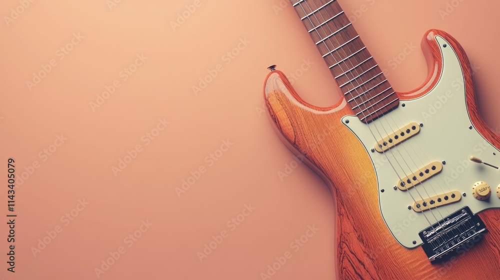 Obraz premium A detailed image of a professional guitar with stunning 3D wooden effects, fully visible against a gentle pastel gradient background, featuring a calm blend of light coral and beige.