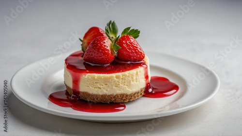 Round mini cheesecake with strawberry syrup and fresh strawberries on top on a white plate with a simple background photo