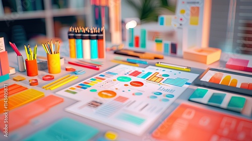 A visually engaging marketing plan laid out on a table, featuring colorful infographics and creative designs that capture attention.