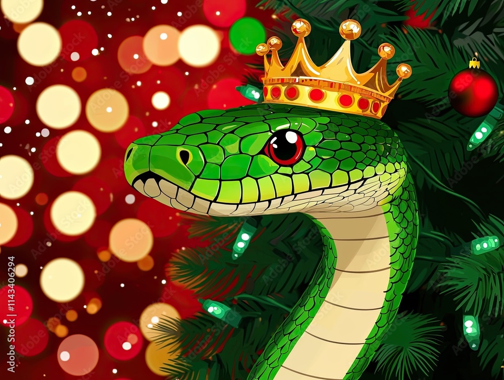 Fototapeta premium A whimsical green snake wearing a golden crown, adorned with festive decorations, set against a vibrant holiday background filled with colorful lights.