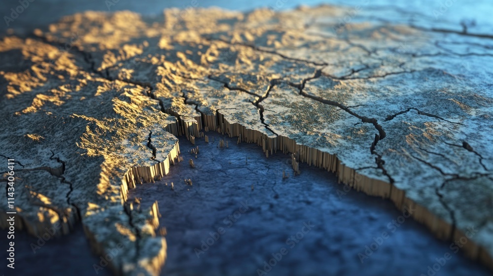 A dramatic 3D rendering depicting California breaking away from the United States, symbolizing CALEXIT, with visual cracks forming along the state borders, showing the desire for independence.