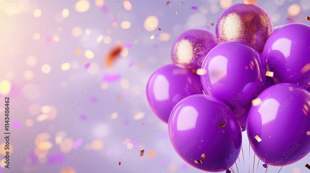 A dynamic 3D background with purple Happy Birthday balloons, greeting confetti, and an abstract luxury anniversary design, creating an elegant and exciting scene for a celebration invitation. A dynamic 3D background with purple Happy Birthday balloons, greeting confetti, and an abstract luxury anniversary design, creating an elegant and exciting scene for a celebration invitation.