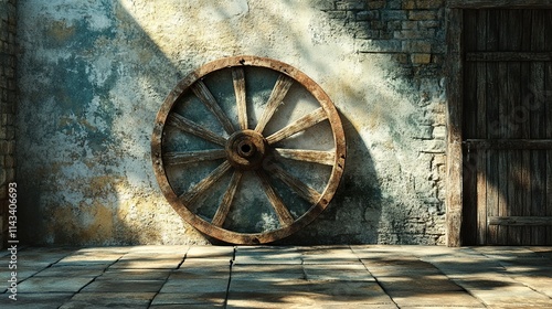 Rustic Wooden Wheel Against Old Stone Wall photo