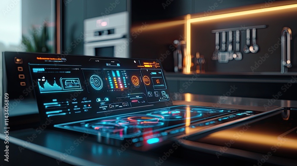 A close-up view of a digital control panel displaying IoT protocols with colorful icons, situated on a stylish kitchen counter against a backdrop of smart appliances. A close-up view of a digital control panel displaying IoT protocols with colorful icons, situated on a stylish kitchen counter against a backdrop of smart appliances.