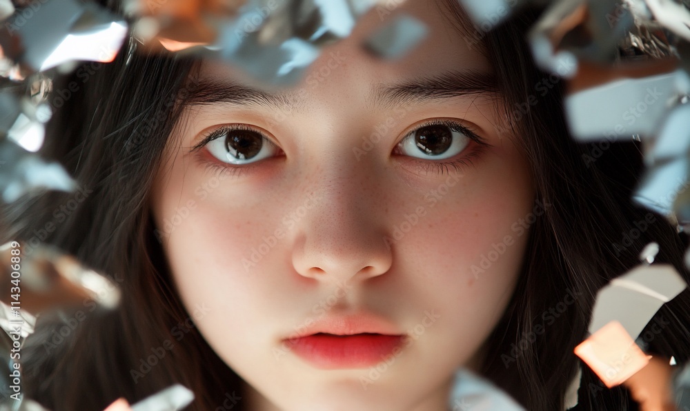 A close-up portrait of a young person surrounded by reflective shards. A close-up portrait of a young person surrounded by reflective shards.