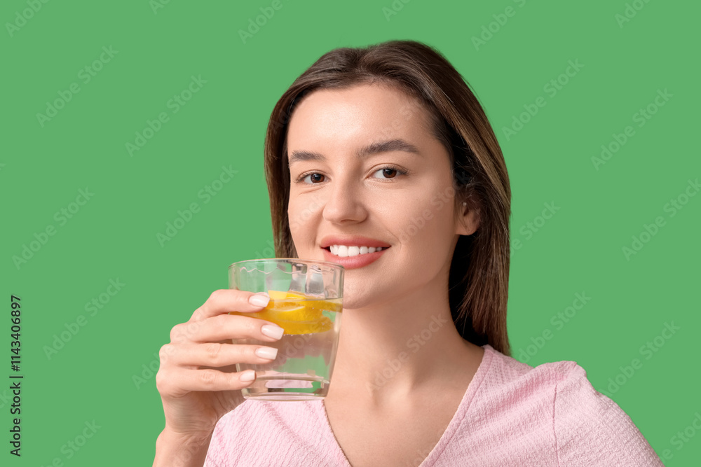 Happy young woman with glass of lemon infused water on green background Happy young woman with glass of lemon infused water on green background