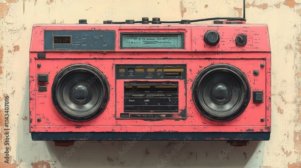 Fototapeta premium Vintage pink boombox, weathered, retro.