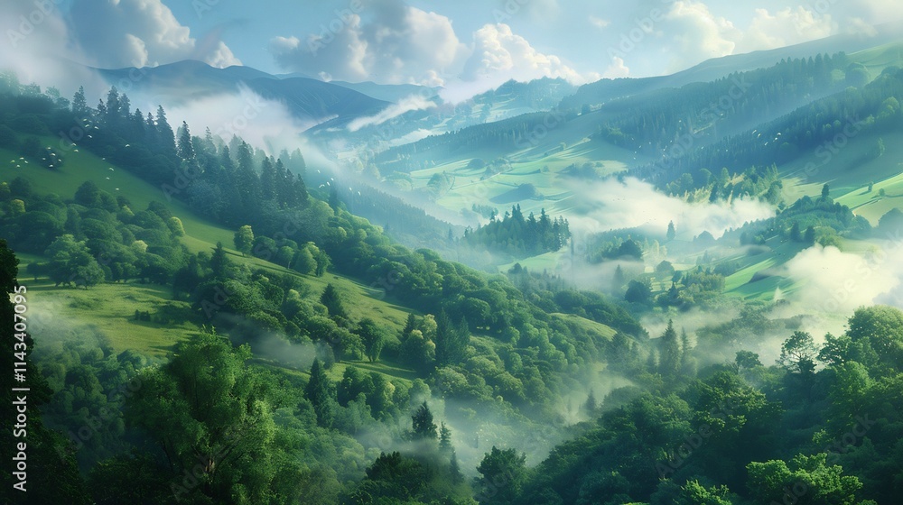 Fototapeta premium Misty Mountain Valley Sunrise: A breathtaking vista of rolling green hills, shrouded in ethereal morning mist, as the sun paints the sky with golden hues.