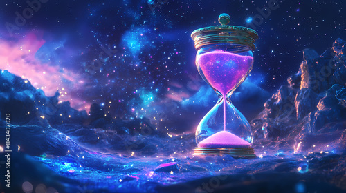 Glass hourglass with flowing sand against starry background, time concept, cosmic vibes. Chronos. Illustration