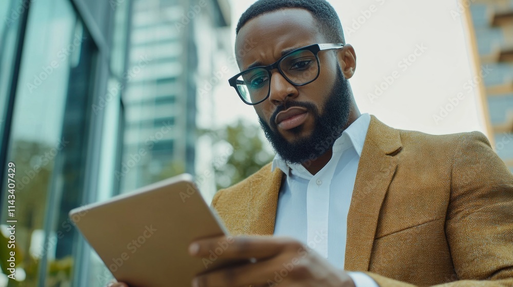 A focused businessman working on a digital tablet to track global business performance, social media connections, and digital marketing metrics in the e-commerce sector. A focused businessman working on a digital tablet to track global business performance, social media connections, and digital marketing metrics in the e-commerce sector.