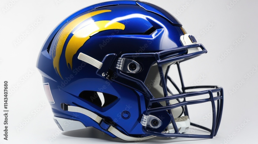 A football helmet on a white background, with a sharp focus on its robust faceguard, glossy finish, and sleek structure, designed for the ultimate protection in the game. A football helmet on a white background, with a sharp focus on its robust faceguard, glossy finish, and sleek structure, designed for the ultimate protection in the game.