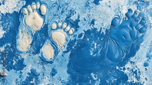 Footprints in Vibrant Blue Sand Create a Unique Artistic Impression of Nature's Beauty, Highlighting the Contrast Between Light and Dark Elements in the Composition photo