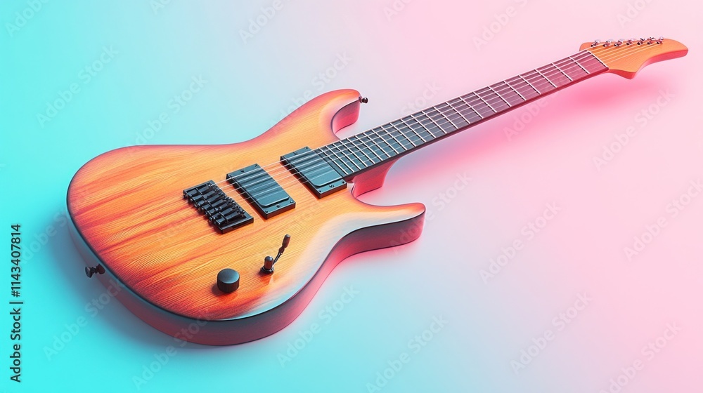 Obraz premium A full image of a professional-sized guitar, showcasing modern 3D wooden effects, with smooth, polished details, set against a soft pastel background in light blue and pink hues.