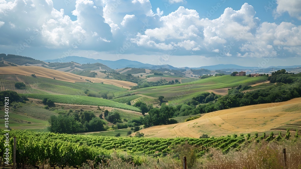 Scenic Italian Countryside: Rolling Hills, Vineyards, and Farmhouse Under a Cloudy Sky Scenic Italian Countryside: Rolling Hills, Vineyards, and Farmhouse Under a Cloudy Sky