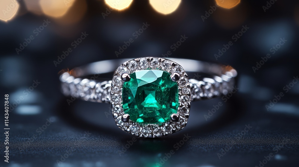 A stunning emerald ring surrounded by sparkling diamonds, showcasing elegance and luxury against a soft blurred background. A stunning emerald ring surrounded by sparkling diamonds, showcasing elegance and luxury against a soft blurred background.