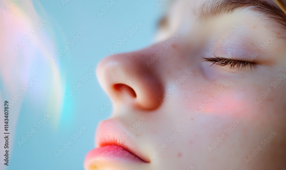 Close-up of a serene face with eyes closed, bathed in soft light. Close-up of a serene face with eyes closed, bathed in soft light.
