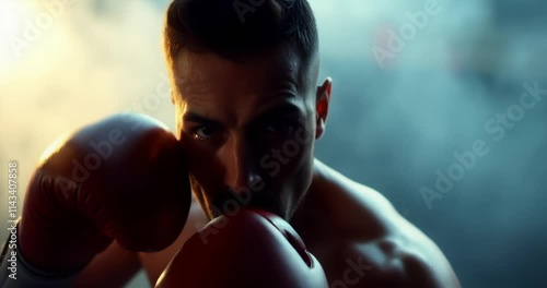 A high angle perspective shows a male boxer training, shrouded in a soft cinematic haze. The soft focus and elevated viewpoint create a dreamy atmosphere. Hazy background elements add depth. photo