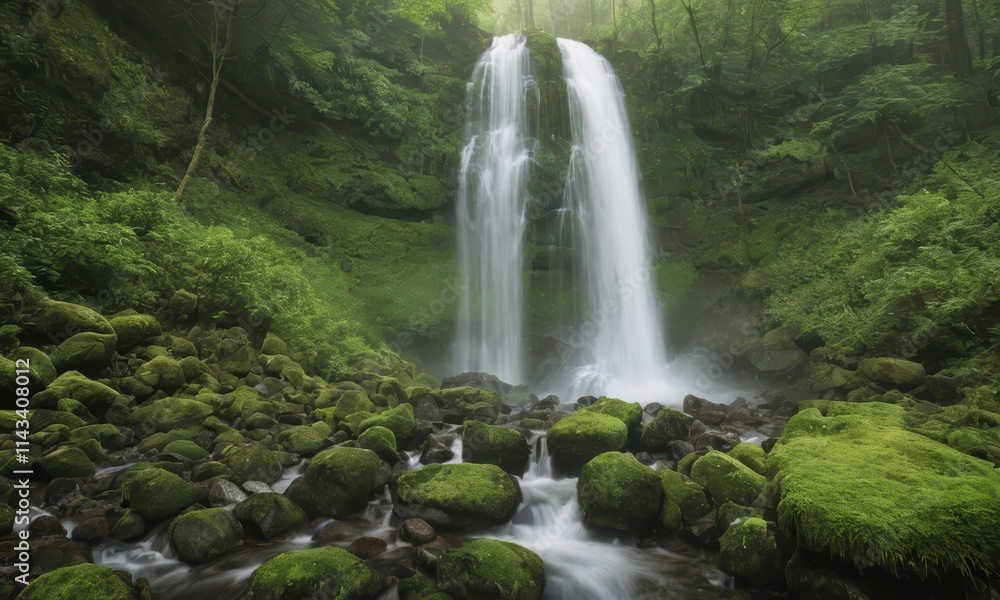 Fototapeta premium Serene Waterfall in Lush Forest: A breathtaking cascade plunges through a verdant forest, its misty spray creating an ethereal ambiance.